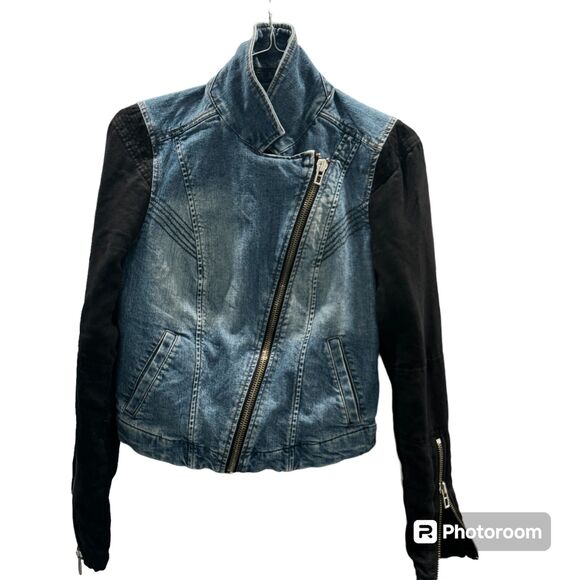 Armani A/X Denim Jacket, Black Cloth Sleeves, Zip Close Moto Fitted Denim Style - Picture 2 of 8